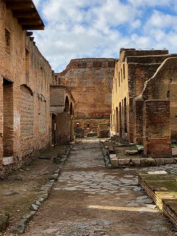 view of the ancient Roman streets in Ostia Antica