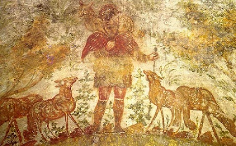 Jesus the good shepherd Jesus the good shepherd - a fresco from the Rome underground catacombs of Domitilla