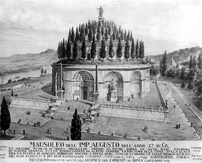 print of the mausoleum of augustus as it might have looked in ancient rome