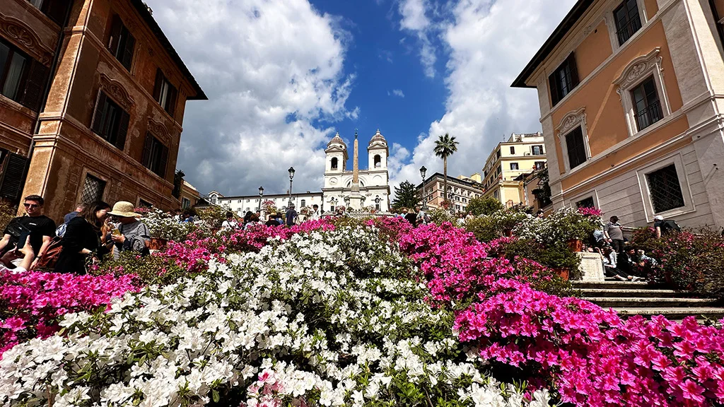 Rome-Spanish-Steps-Azaleas-Wide-Romewise-EB-May-2023-Web The Spanish Steps in Rome with azaleas flowers