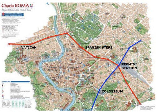 official Rome city map, with metro lines A and B superimposed
