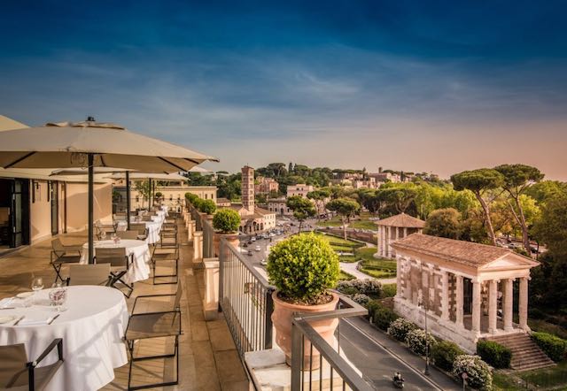 view of ancient roman temples from the 47 Circus roof garden