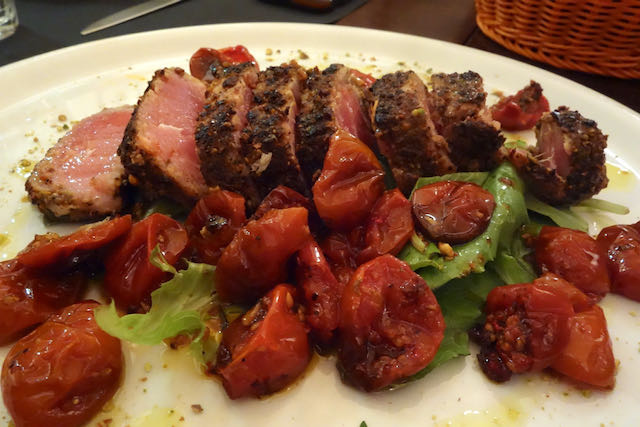 seared tuna with pistachio crust at i clementini