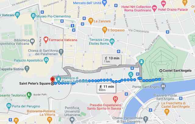 map showing walking distance between castel sant'angelo and st peter's square map showing walking distance (around 10 minutes) between castel sant'angelo and st peter's square