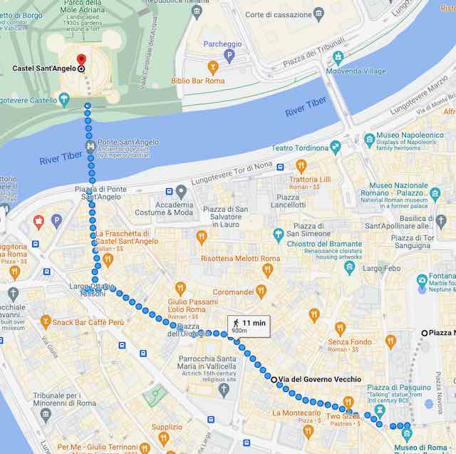 maplet showing walk from piazza navona to castel sant'angelo