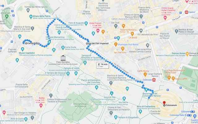 maplet showing the route from colosseo metro station to the campidoglio