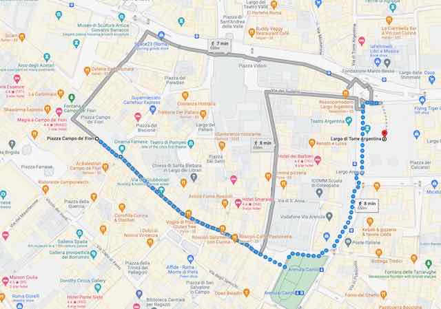 map showing walk from campo dei fiori to largo argentina