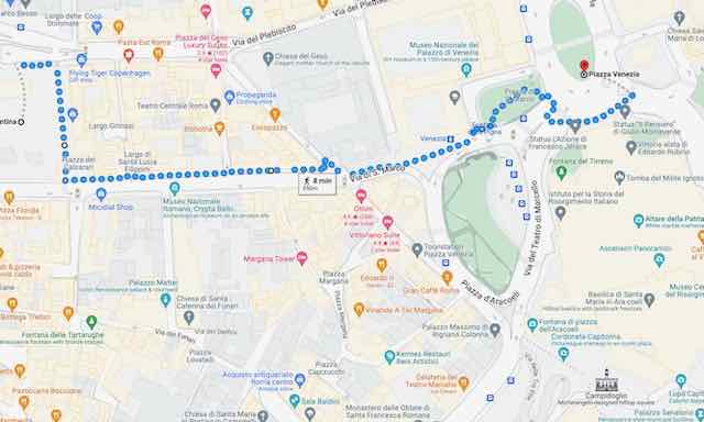 map showing walk largo argentina to piazza venezia