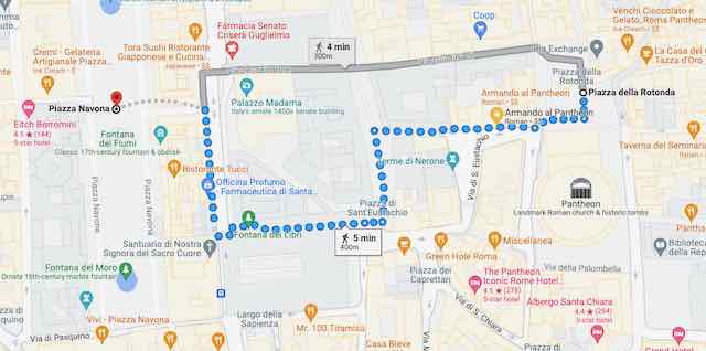 map showing walk between pantheon and piazza navona