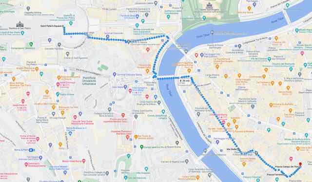 map showing walk from saint peter's square to campo dei fiori