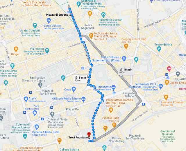 maplet showing walk between spanish steps and trevi fountain