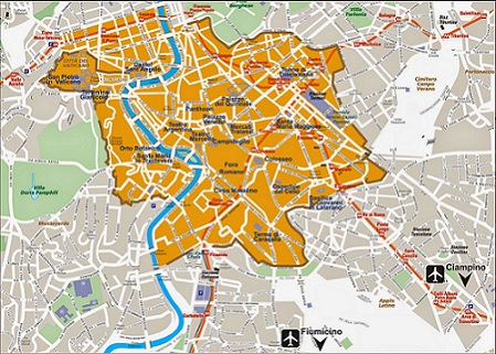 rome map showing aurelian walls
