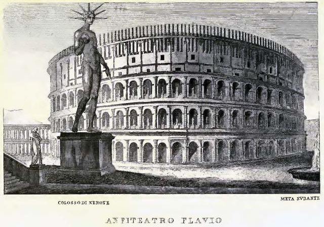 A sketch depicting the giant colossus of nero, turned into sun god, next to the colosseum. a sketch of what the giant colossus of nero might have looked like next to the colosseum