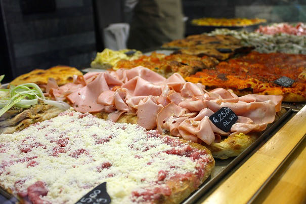 more pizza on display at pizzarium in Rome