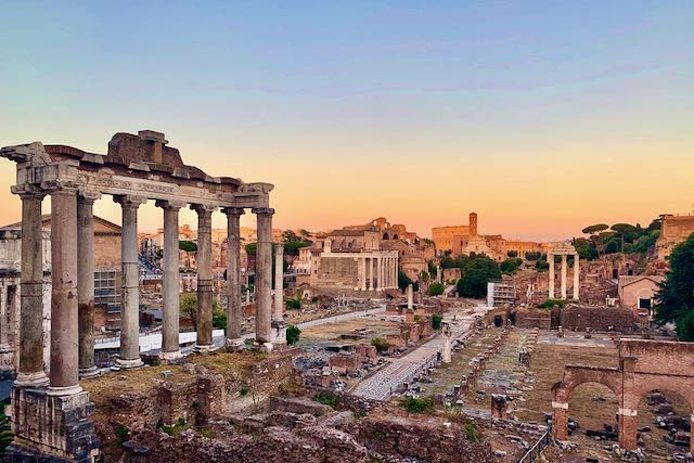 The Roman Forum in Rome at sunset