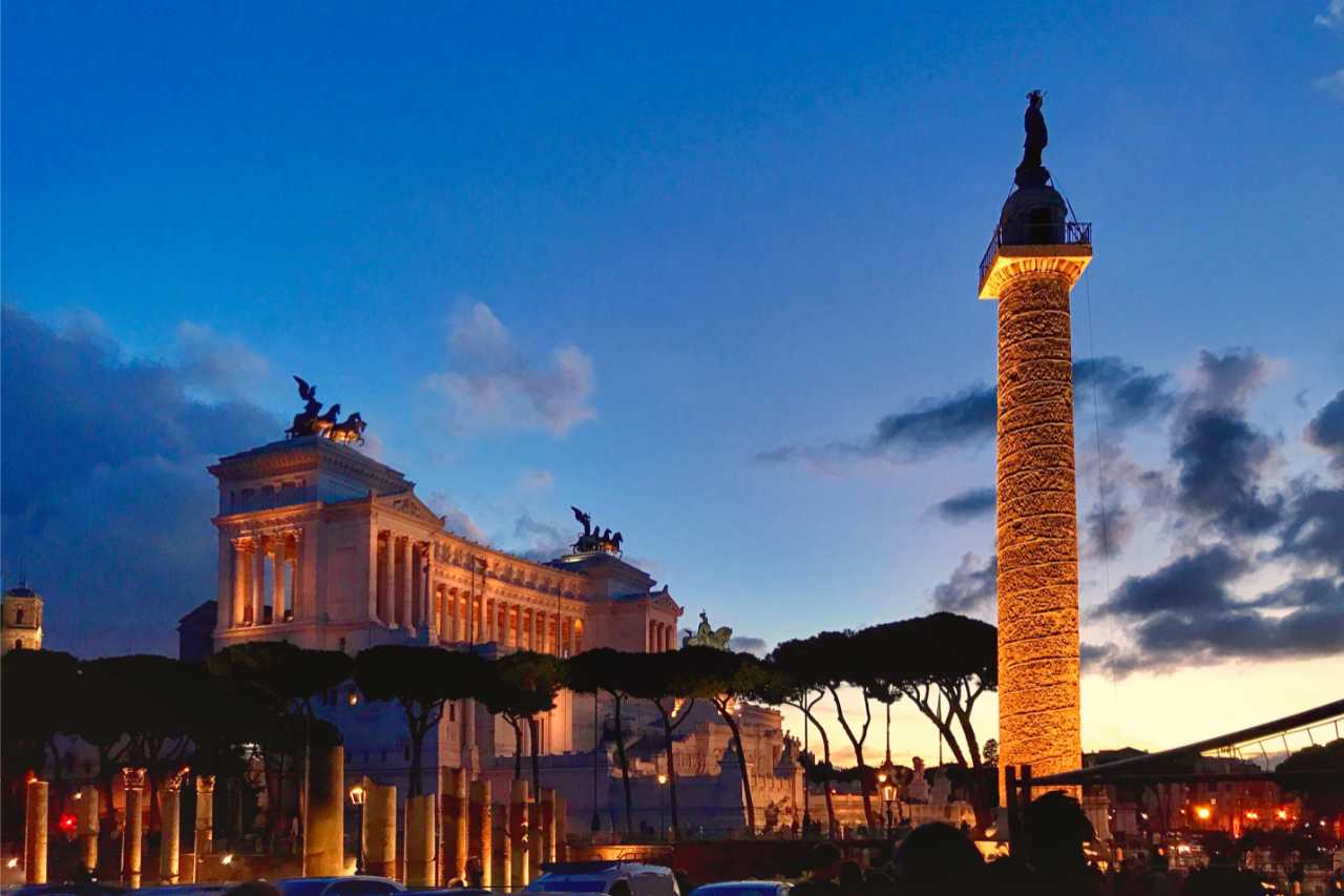 trajans column and piazza venezia trajans column and vittoriano at blue hour