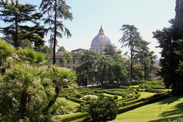 vatican gardens and vista of st. peter's basilica