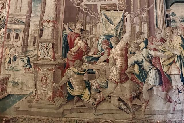 tapestry in vatican museums showing julius caesar's assassination