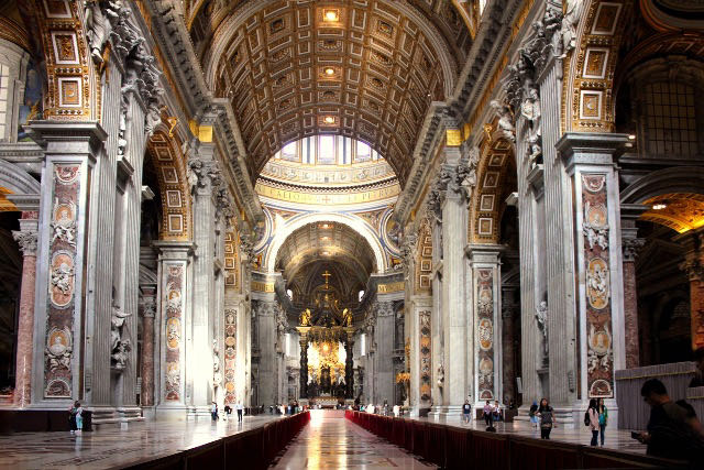 The central nave of St. Peter's Basilica at the Vatican in Rome