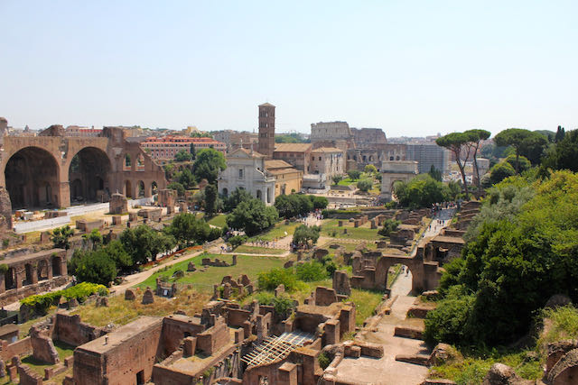 view of roman forum and colosseum from palatine hill