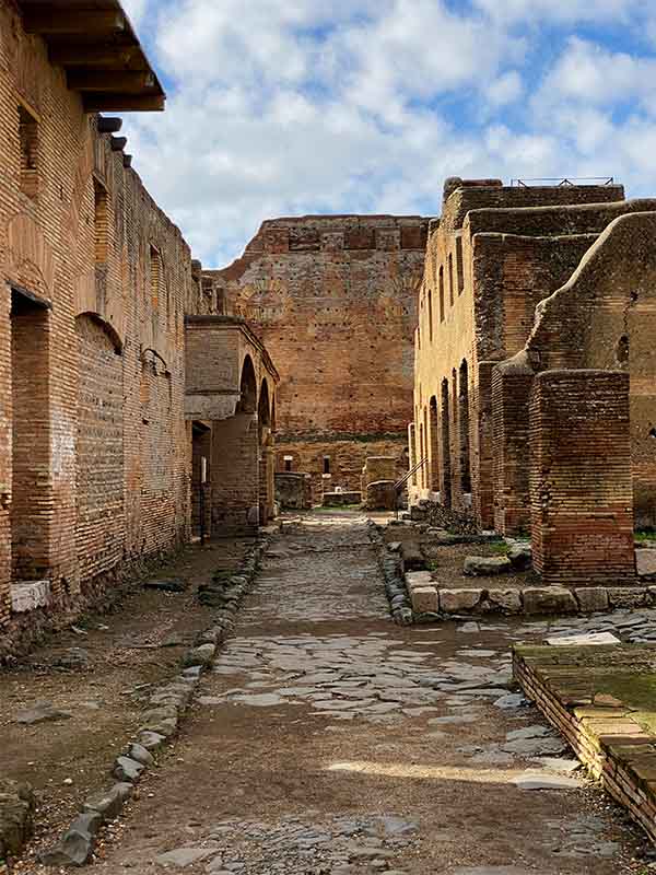 view of the ancient Roman streets in Ostia Antica